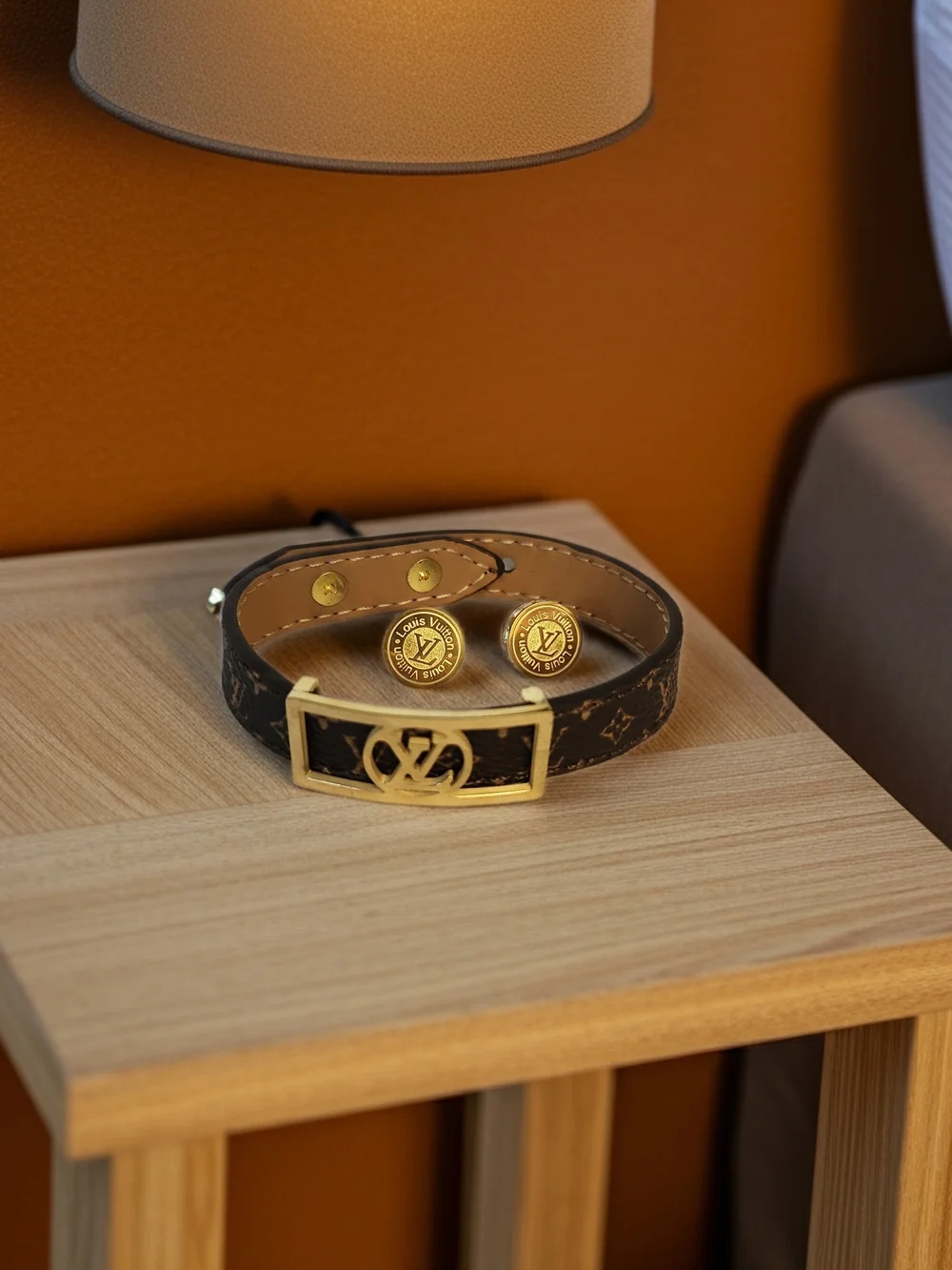 Louis Vuitton Brown Monogram Bracelet with Gold LV Earrings